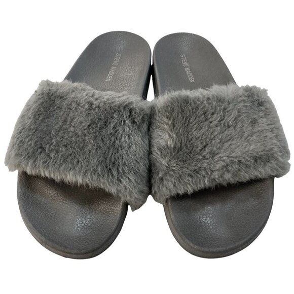 Steve Madden Softey Gray Faux Fur Slide Slipper Sandals - Size 10 - Picture 2 of 8